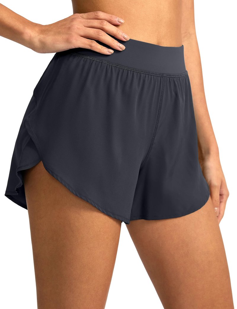 Soothfeel High Waisted Athletic Running Shorts for Women Dolphin Short High Split Quick Dry Gym Workout Shorts with Liner (Deep Grey, M)