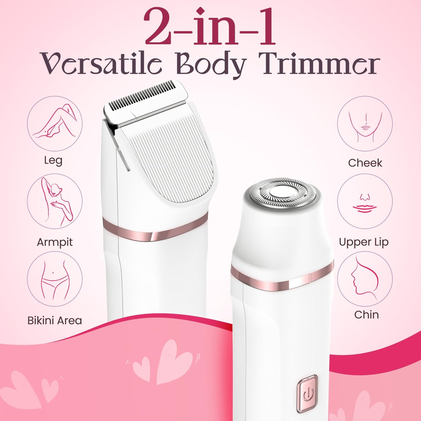 Bikini Trimmer for Women - Painless Electric Razors for Silk Skin,Cordless Body Shaver for Trip,Replaceable Lady Facial Razor, IPX7 Waterproof&Easy Cleaning, Ceramic Blade, USB Charge Dock Pink