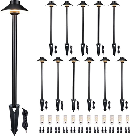 Gardenreet Low Voltage Landscape Path Light Solid Brass, 3 Color Temp Selectable LED Driveway Light Waterproof, Hat Shaped 12V Wired Black for Walkway Garden with 3W 270LM G4 Bulb (12 Pack)