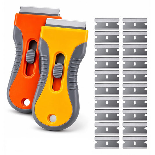 Razor Blade Scraper Set, 2 Safety-Lock Handles + 20 Steel Blades