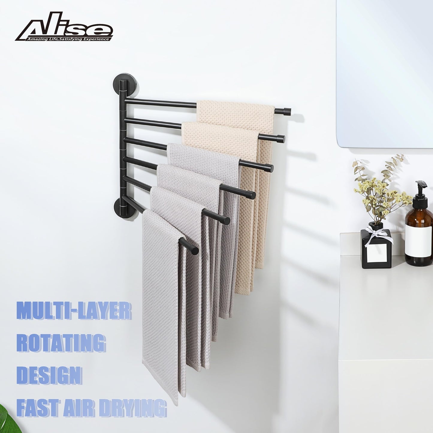 Alise Swivel Towel Rack,Folding 6 Arms Hand Towel Bars Towel Hanger for Bathroom,Wall Mount Drying Racks for Laundry,SUS304 Stainless Steel Swing Out Towel Holder Storage Space Saving,Matte Black