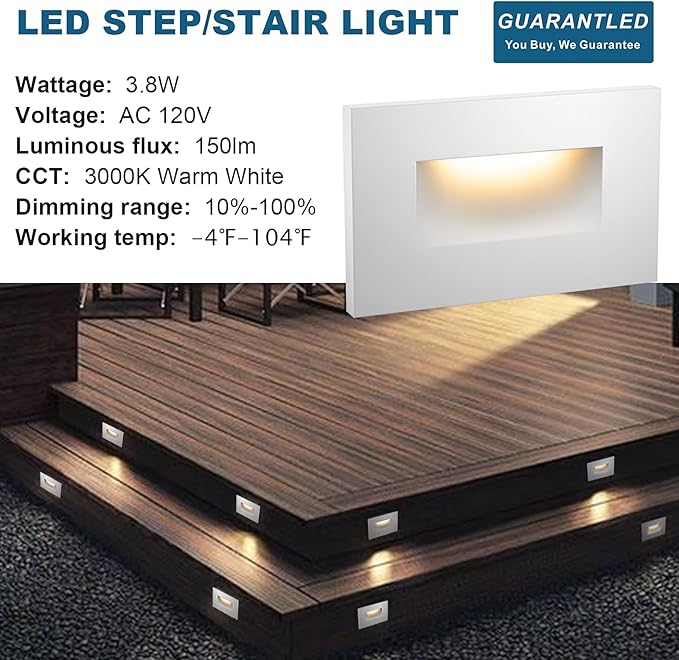 Step Lights Outdoor 6 Pack Classic, 120V 3CCT Selectable Stair Lights Indoor, Waterproof LED Deck Decor Hardwired Dimmable, White Finish Aluminum Outdoor Lighting, ETL Wet Rated