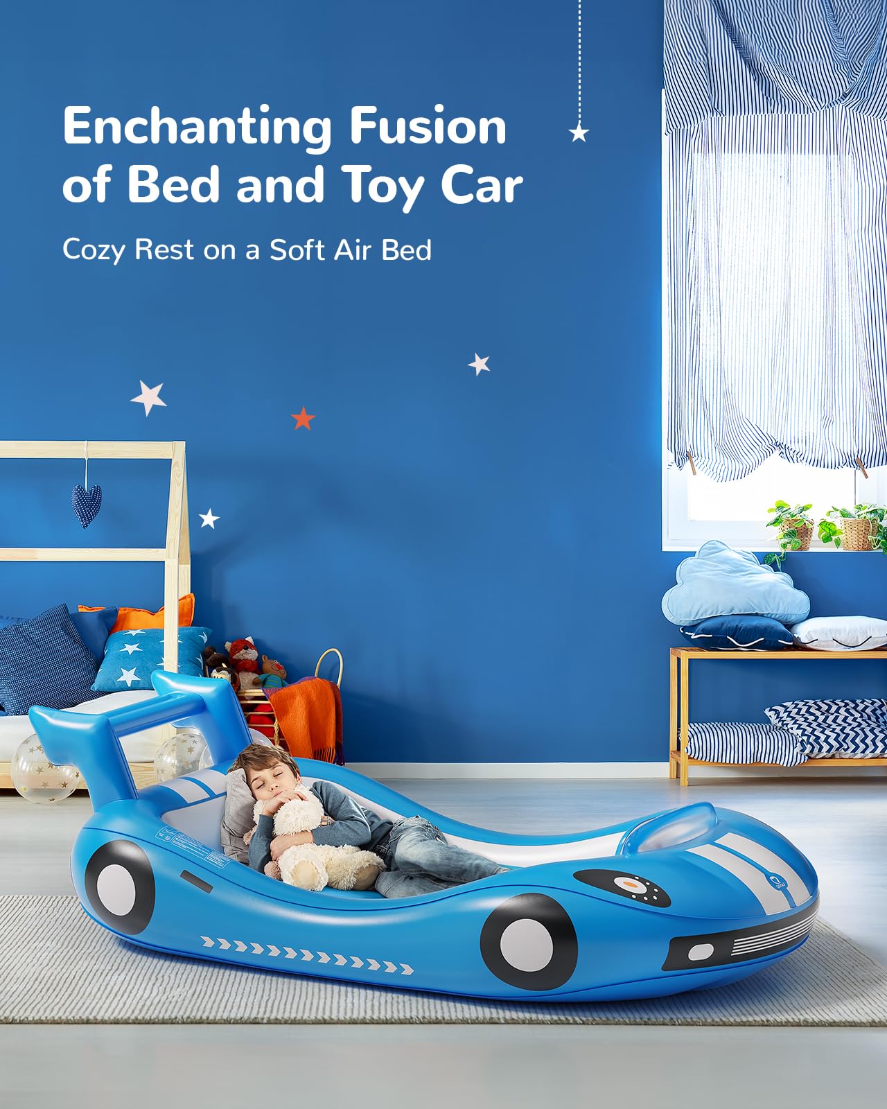 QPAU Inflatable Toddler Travel Bed with 4-Sided Safety Bumpers, Portable Kids Air Mattress for Camping, Travel, Home & Hotel, Lightweight & Compact Design - Hand Pump Included (Blue)