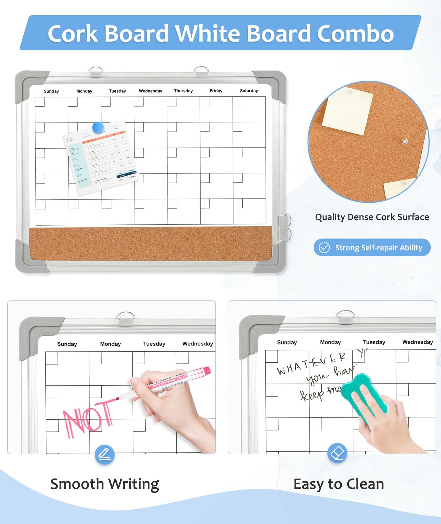 Dry Erase Calendar & Cork Board, 16" x 12" Double-Sided Whiteboard Calendar Cork Board Combo for Wall, Hanging Monthly Calendar Board with Markers, Magnets Pins, Eraser