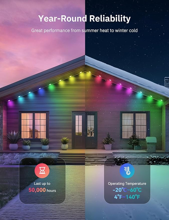 150FT Permanent Outdoor Lights Pro, 75 IC+RGBCW Smart Eaves Lights with 48 Scene Modes, IP67 Waterproof Outside Halloween Christmas String Lights for House All Year Decor, APP/Remote Control