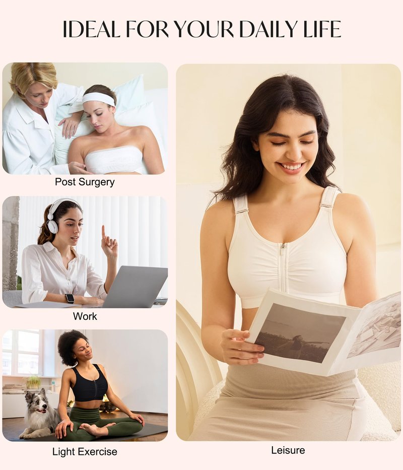 CYDREAM Front Zip Closure Bras for Women No Underwire - Wireless Comfort Compression Support Adjustable Everyday Bra (US, Alpha, Large, Regular, Regular, White)