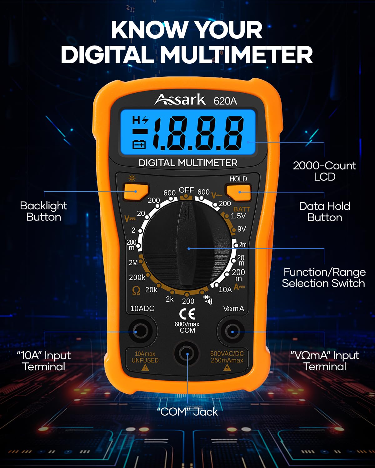 Digital Multimeter Voltage Tester, Assark 2000 Counts Multimeter Measure AC DC Voltage DC Current, Meter Tester Test Volt Ohm Amp Diode Continuity, Resistance, Backlit LCD Display, Data Hold Function