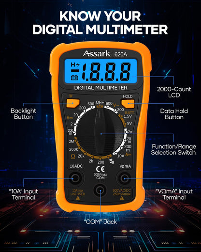 Digital Multimeter Voltage Tester, Assark 2000 Counts Multimeter Measure AC DC Voltage DC Current, Meter Tester Test Volt Ohm Amp Diode Continuity, Resistance, Backlit LCD Display, Data Hold Function