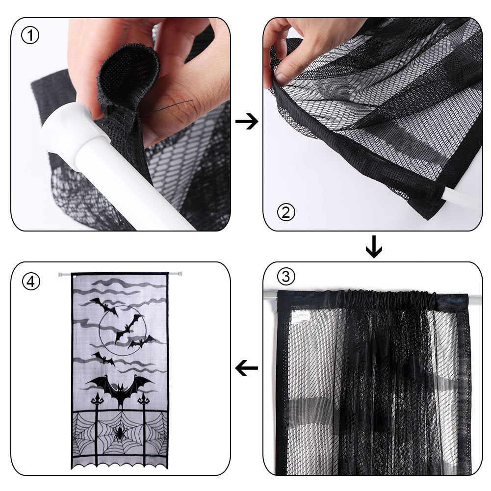 OurWarm 2pcs Black Lace Halloween Window Curtains, Spider Web Bats Door Curtain Panel Decor for Spooky Halloween Holiday Party Decoration, 40 x 84 Inch