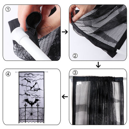 OurWarm 2pcs Black Lace Halloween Window Curtains, Spider Web Bats Door Curtain Panel Decor for Spooky Halloween Holiday Party Decoration, 40 x 84 Inch