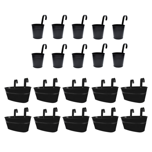 LaLaGreen Bundle- 10 Pack, 6 Inch + 10 Pack, 11.8 Inch Black Metal Pot Wall Mount Window Hanging Plant Box Bucket with Hook Farmhouse Style Outdoor Garden Railings Balcony Deck Porch Patio Boho Decor