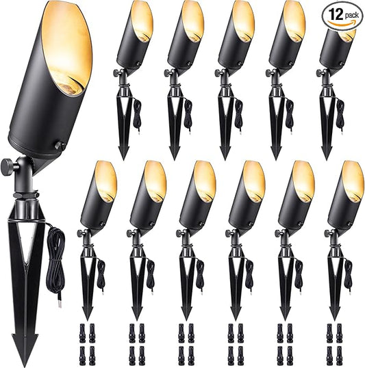 Gardenreet Die-Cast Brass Spot Light Outdoor - 12V Uplighting Waterproof, LED Low Voltage Landscape Lights, Stretchable Shroud Metal Black for Fence Fountain Without MR16 Bulbs (12 Pack)