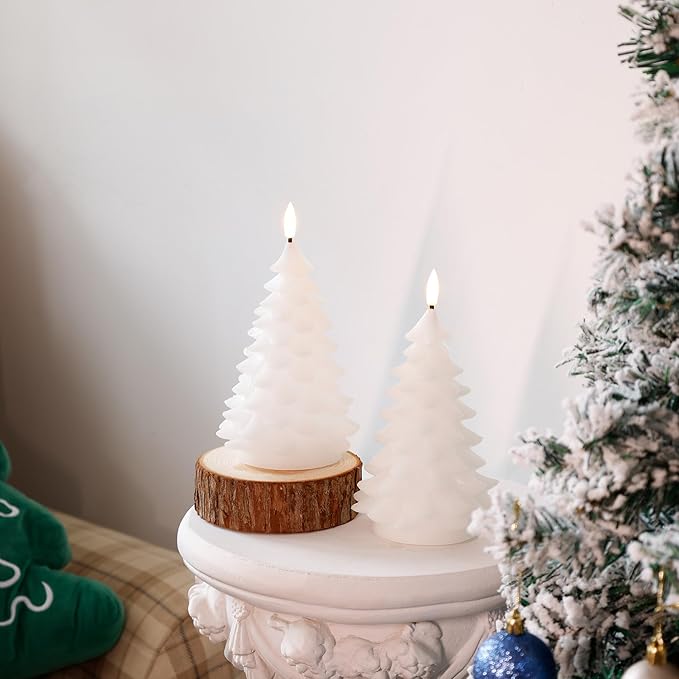White Flameless Christmas Tree Candles with Remote Timer, Real Wax LED Battery Operated Candles for Winter Home Decor, Xmas Holiday Gift, Fireplace & Table Decoration, 2 Pack