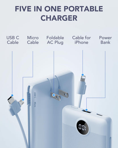 VRURC Portable Charger Built-in Cables and AC Wall Plug, USB C Power Bank 10000mAh, Travel Essentials Phone Charger Compact Lightweight External Battery Pack for Smart Phones, Tablets etc-Pink