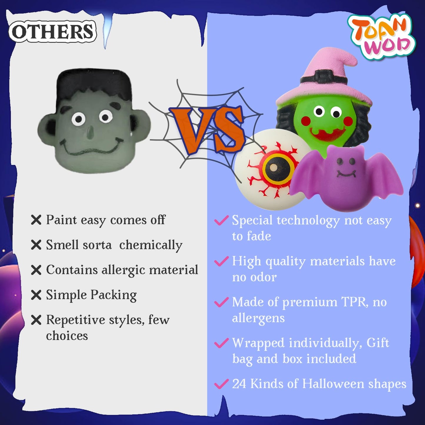 TOANWOD 24PCS Halloween Party Favors Squishy Toys : Goodie Bag Stuffers Fidgets Toys Bulk Cheap - Halloween Trinkets Trick or Treat - Classroom Prize Gifts School Supplies (24 Squishies+24 Stickers)
