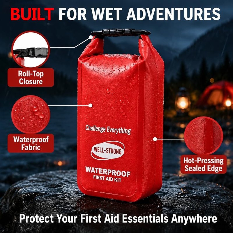 WELL-STRONG Waterproof First Aid Kit Roll Top Boat Emergency Kit with Waterproof Contents for Fishing Kayaking Boating Swimming Camping Rafting Beach Red