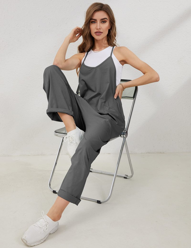 Lentta Women's Causal Jumpsuits V Neck Sleeveless Harem Overalls Stretchy Adjustable Strap Romper with Pockets(DarkGrey-L)