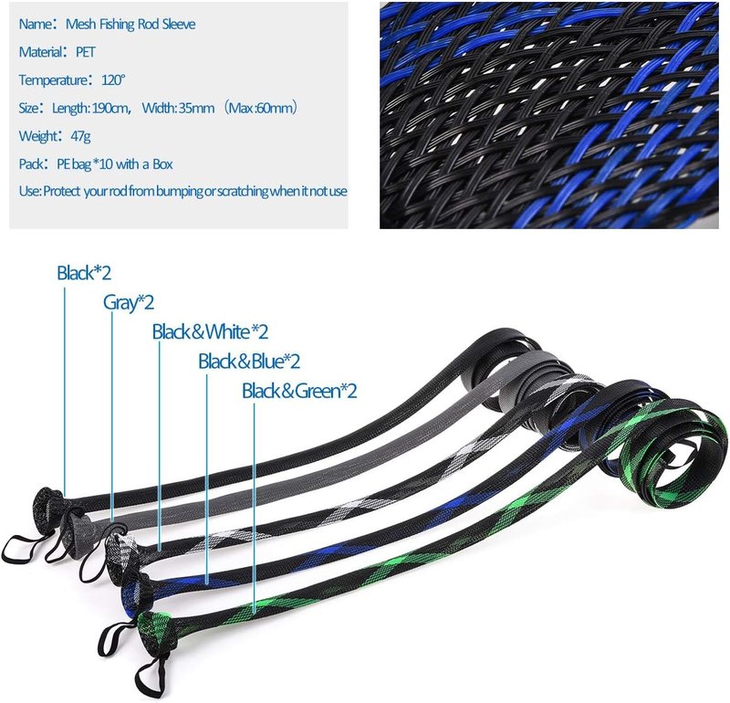 Fishing Rod Sock Sleeve Cover - 10 Pcs Braided Mesh Protector for 190cm/74.8in Rods | Ideal for Fly, Spinning, and Casting