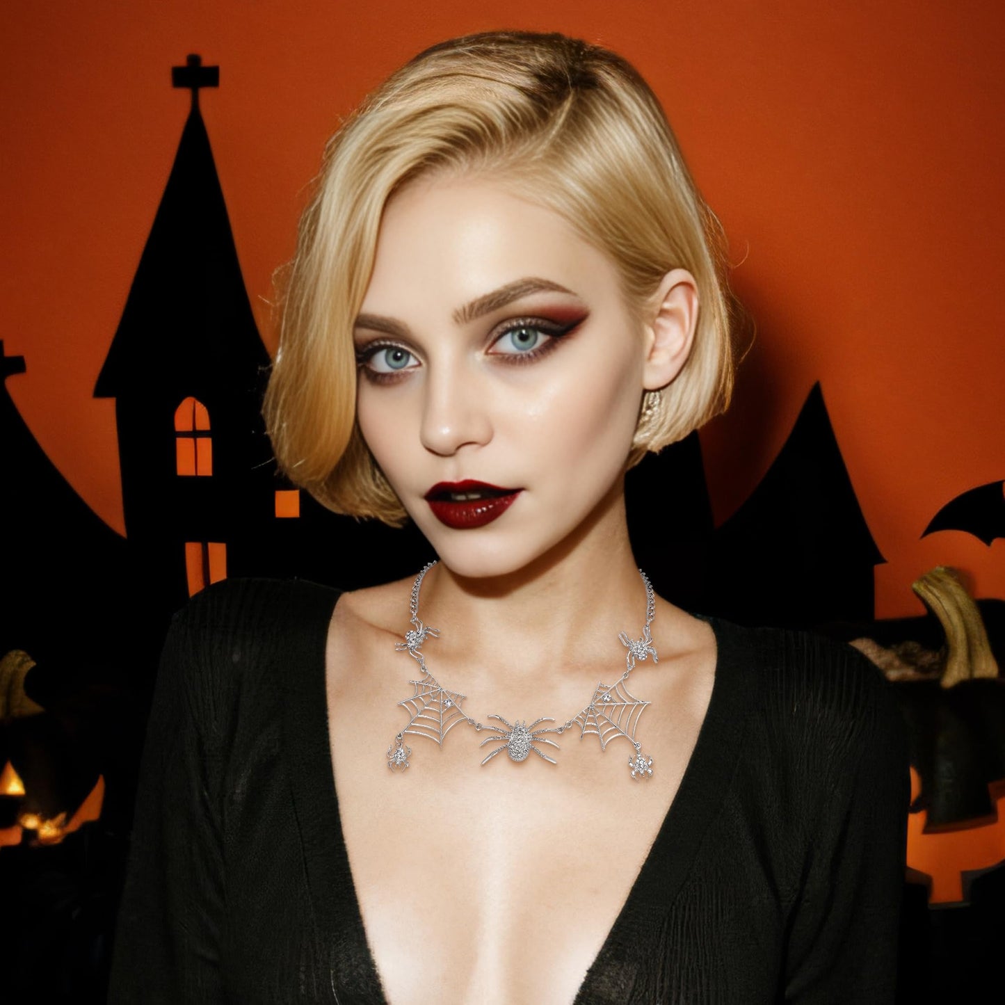 EVER FAITH Halloween Tarantula Spider Web Necklace Clear Austrian Crystal Silver-Tone