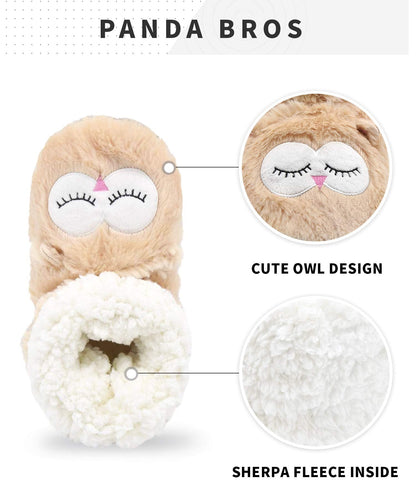 Panda Bros Slipper Socks for Women Cozy Warm Lined Fuzzy Sock Slippers Indoor Booties with Non Slip Grippers(Beige owl,5-7.5)