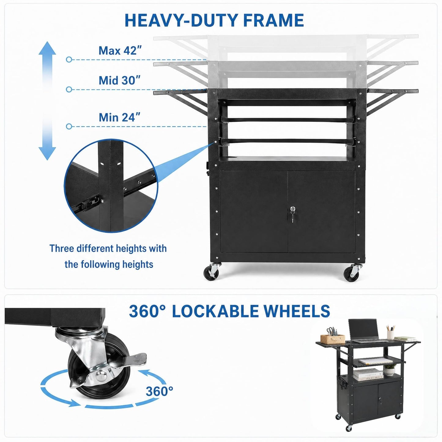 Portable AV Cart with Locking Storage Cabinet, Adjustable Laptop Stand & Drop Leaves, Rolling Workstation with Power Outlets for Classroom, Office, or Home Use