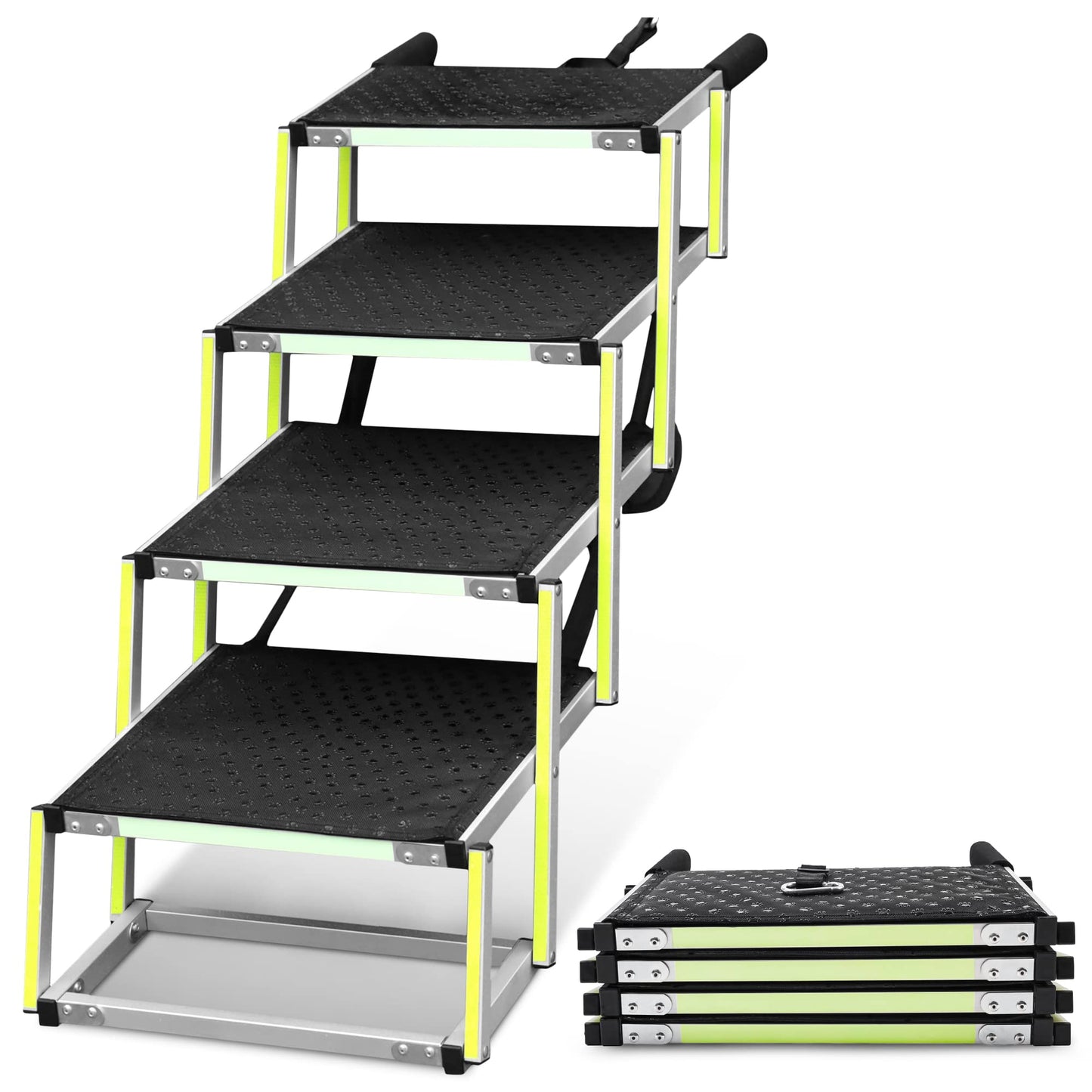Dog Steps for Car - Dog Ramps for Cars with Glow in the Dark Marking - Non-slip surface Car Ramp - Suitable for Small Cars and Estates - Portable Aluminum Folding Pet Ramp for Dogs - 4 Steps