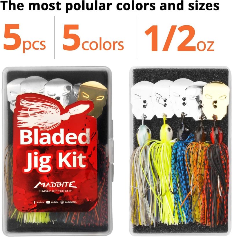 MadBite Bladed Jig Fishing Lures - Multi-Color Kits with Vibrating Action & Sharp Hooks | 3/8 oz & 1/2 oz Sizes, Includes Storage Box