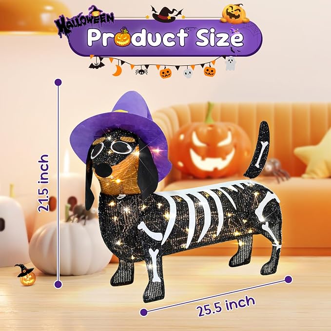 Pre-lit 25.5 Inches Long Halloween Skeleton Dachshund Dog with Witch Hats with Twinkle Lights Indoor Outdoor Decorations Halloween Decorations Lights for Home Garden Party Yard Decor Black