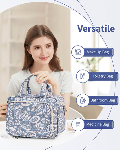 Narwey Full Size Toiletry Bag Large Wash Bag Makeup Bag Travel Organizer Cosmetic Bag for Women (Blue Leaf)
