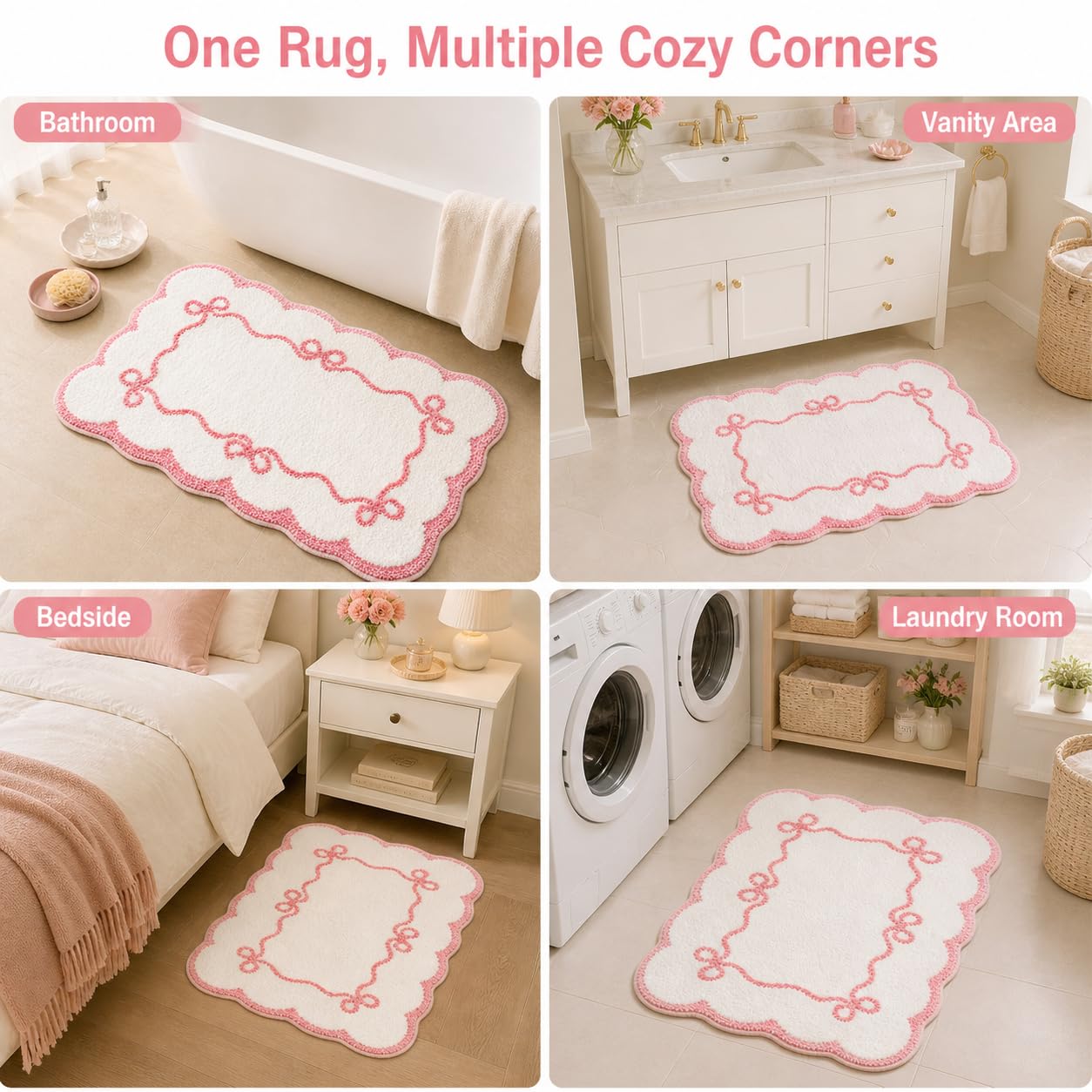 Softania Pink Scalloped Bow Bathroom Rug - 20x32 Inch Cute Coquette & Preppy Bath Mat for Apartment, Vanity & Dorm, Soft Plush Microfiber Mat, Non-Slip & Washable