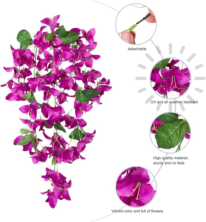 2PCS Bougainvillea Artificial Hanging Flowers Plants for Outdoors Outside Fall Decoration, Faux Silk Flowers Fake Vines UV Resistant Look Real Realistic for Front Door Porch Planter Balcony, Fuchsia