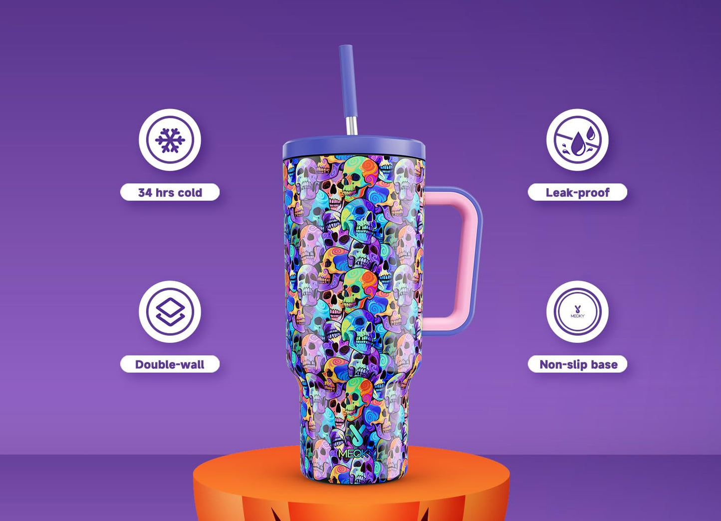 Meoky 40 oz Halloween Tumbler with Handle and Straw, Tumbler with Lid and Straw, Insulated Stainless Steel Travel Mug, 100% Leak-proof, Keeps Cold for 34 Hours or Hot for 10 Hours (Purple Skull)