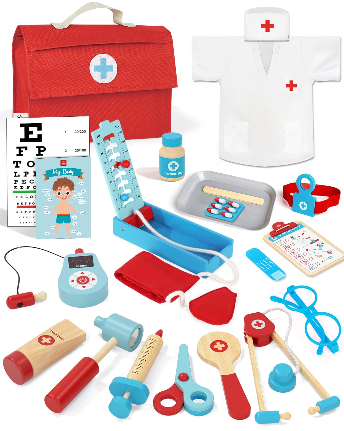Lehoo Castle Doctors Set for Kids, Toys for 3 Year Old Boys, Wooden Kids Doctors Kit with Doctor Costume, 3 Year Old Boy Toys（Blue）