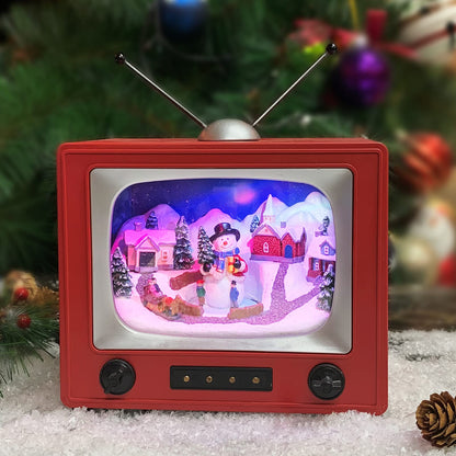 MOMENTS IN TIME Red Retro TV with Snowy Village Home Scene (Animated Snowman) with LED Lights 6" H, 8 Classic Carols Christmas Music Battery Operated Hand-Painted Resin Polyresin Injection Plastic