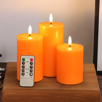 Eywamage Orange Fall Flameless Pillar Candles with Remote, Flickering Thanksgiving LED Wax Candles Battery Operated Set of 3