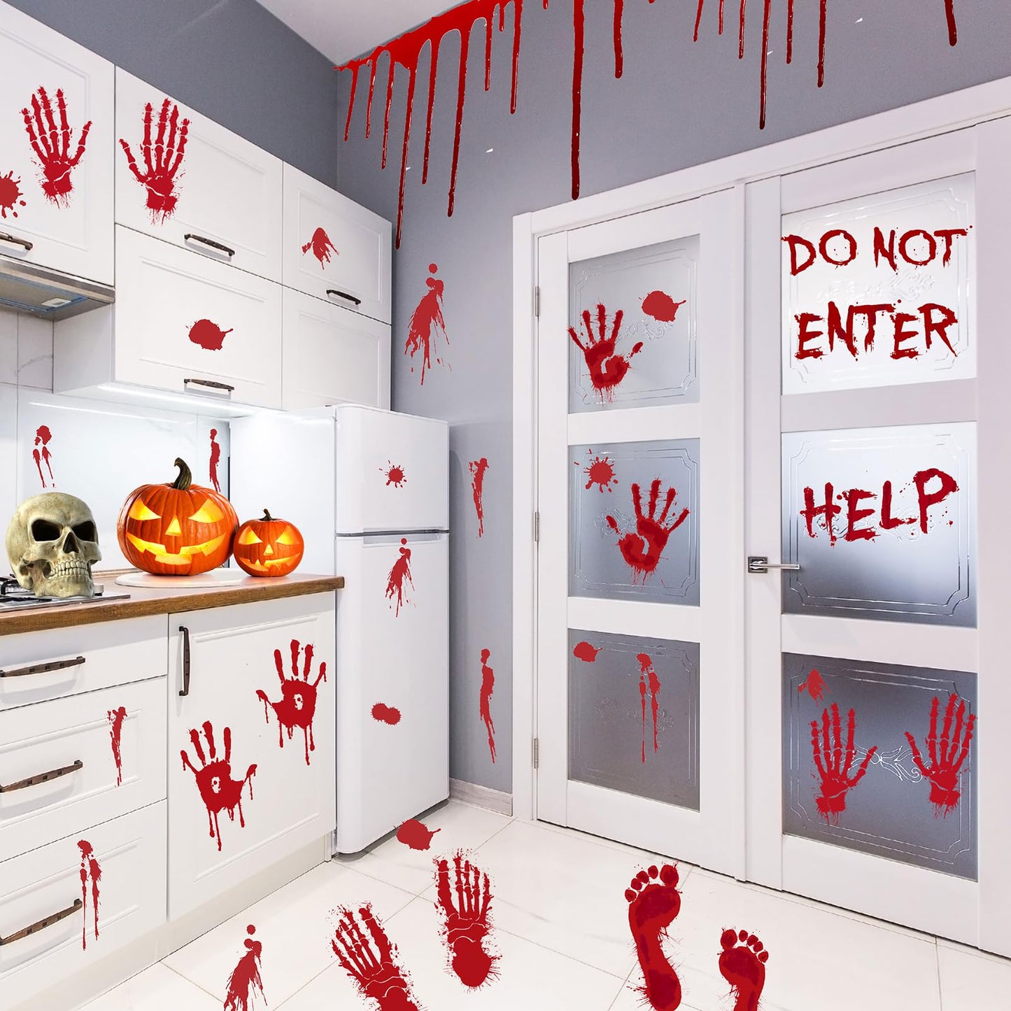 AREOK 139 Pcs Bloody Handprint Footprints Stickers - Halloween Bloody Window Clings Decals Decor Hand Prints - Spooky Scary Blood Halloween Window Decorations for Party Car Floor Mirror Door Bathroom