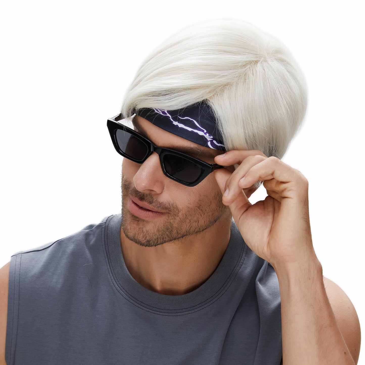 STfantasy Short Platinum White Men Wigs with Bangs Straight Layer Mens Wig+Sunglasses+Headscarf for Man Male Costume Halloween Cosplay Anime Party White Blond Wig Men