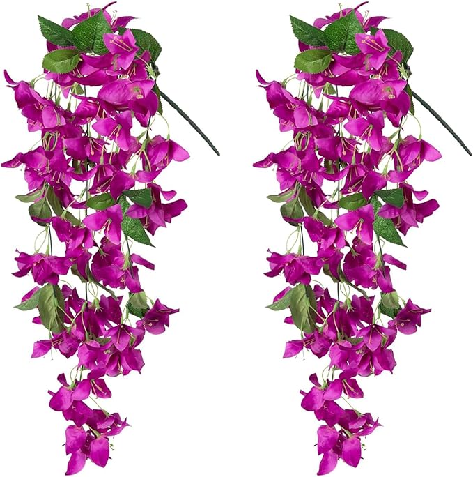 2PCS Bougainvillea Artificial Hanging Flowers Plants for Outdoors Outside Fall Decoration, Faux Silk Flowers Fake Vines UV Resistant Look Real Realistic for Front Door Porch Planter Balcony, Fuchsia