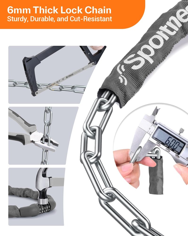 Sportneer 5 Digit Combination High Security Anti Theft Bike Chain Lock - 3.2/3.6/4ft Heavy Duty Resettable Keyless Bicycle Lock for Bike, Motorcycle, Scooter, Door & Gate - 6mm Thick
