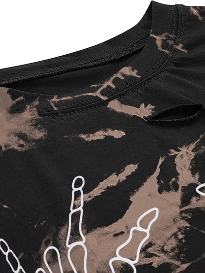 Avanova Women Finger Graphic Print Skull Skeleton Casual T Shirt Tee Short Sleeve Tie Dye Crop Top Tie Dye Brown Medium