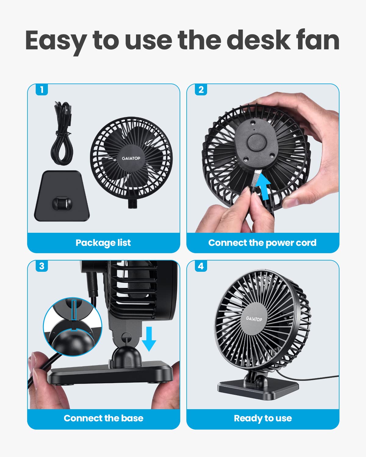 Gaiatop USB Desk Fan, Small But Powerful, Personal Portable Quiet 3 Speeds, Adjustable Mini Table Desktop fan for Cooling Home Office Car Summer Travel Gifts Black