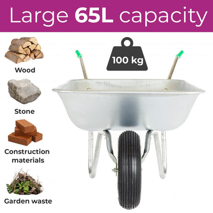 Neo Wheelbarrow Home Garden Cart Galvanised with Pneumatic Tyre (65L), Silver