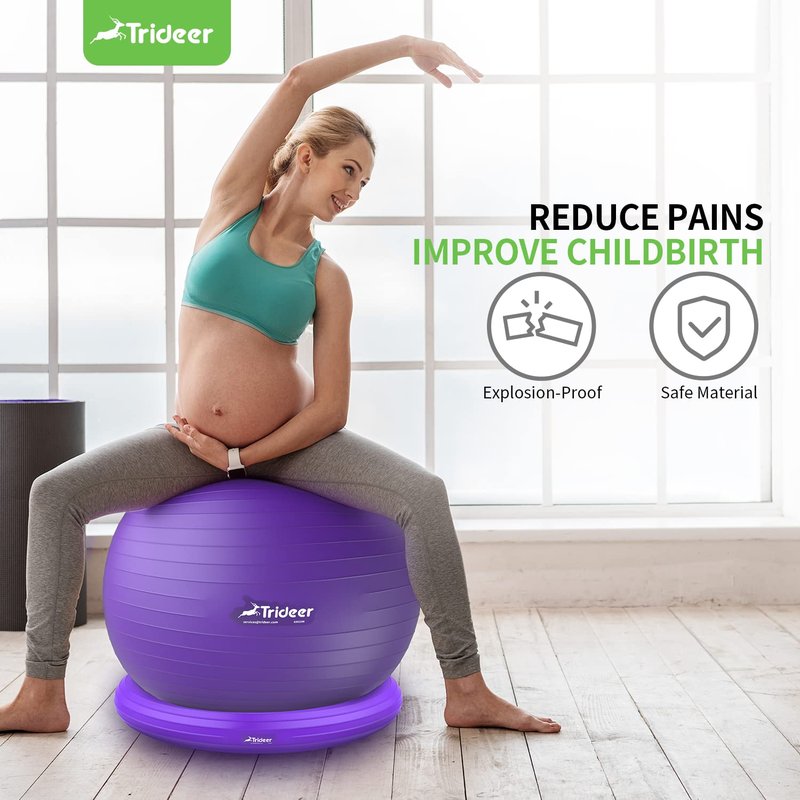 Trideer Yoga Ball Chair With Base & Bands for Home Gym Workout - Exercise Ball for Abs, Stability & Balance Seat to Relieve Back Pain (L(23-26ines/58-65cm), Purple)