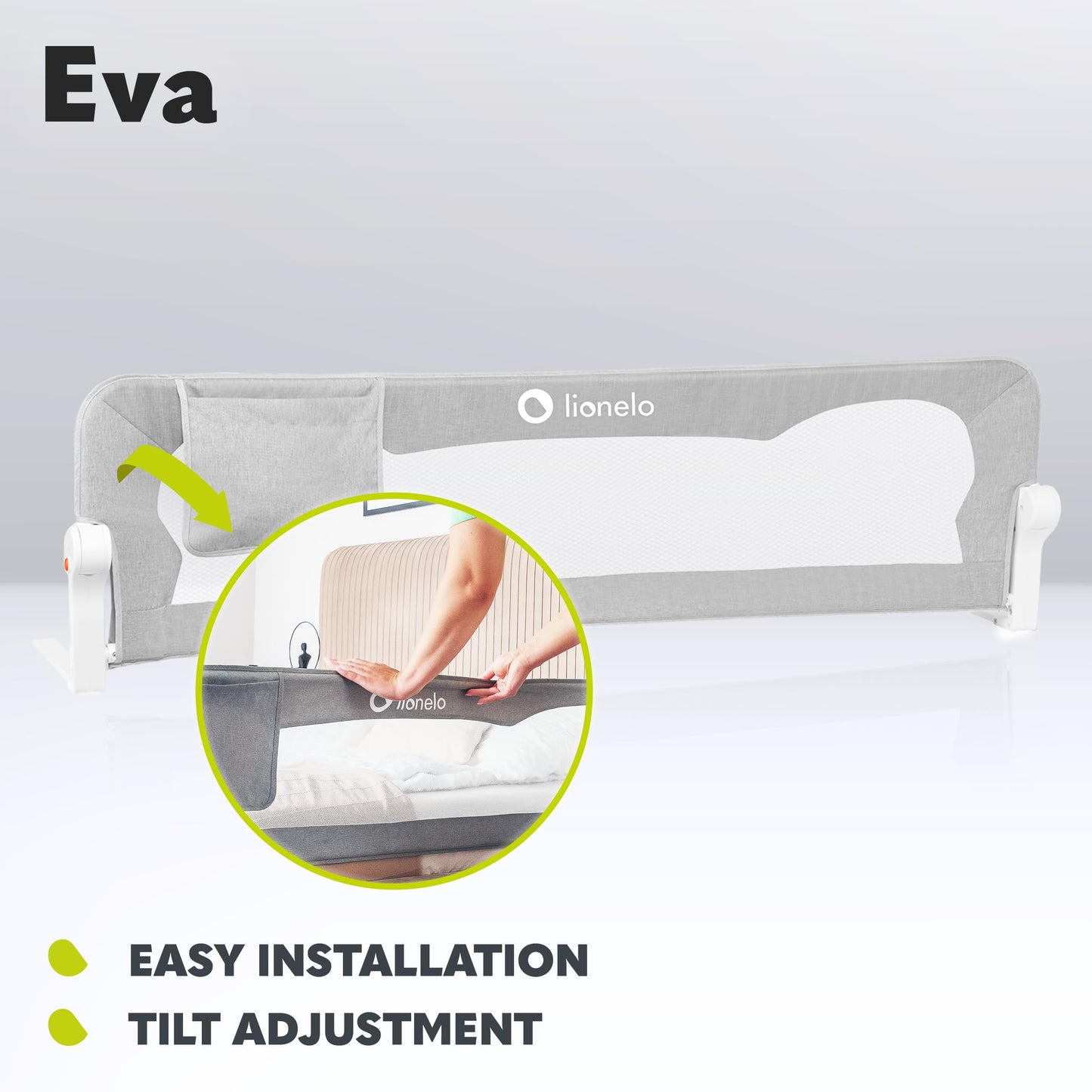 lionelo EVA Bed Rail Guard 150Lx42H cm Foldable 180° with tilt adjustment, Mesh Fabric, SecureBelt Straps Safety Barrier for Toddlers bed with Safe Lock, Storage Pocket, Durable Frame, Easy to Install