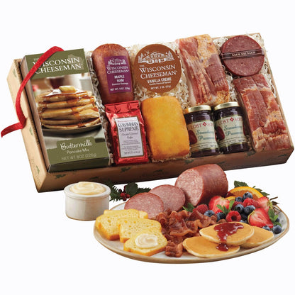 The Wisconsin Cheeseman Breakfast Gift Basket for Adults – Holiday Gift Set with Buttermilk Pancake Mix, Summer Sausage Meats, Bacon, Coffee, and Fruit Spreads