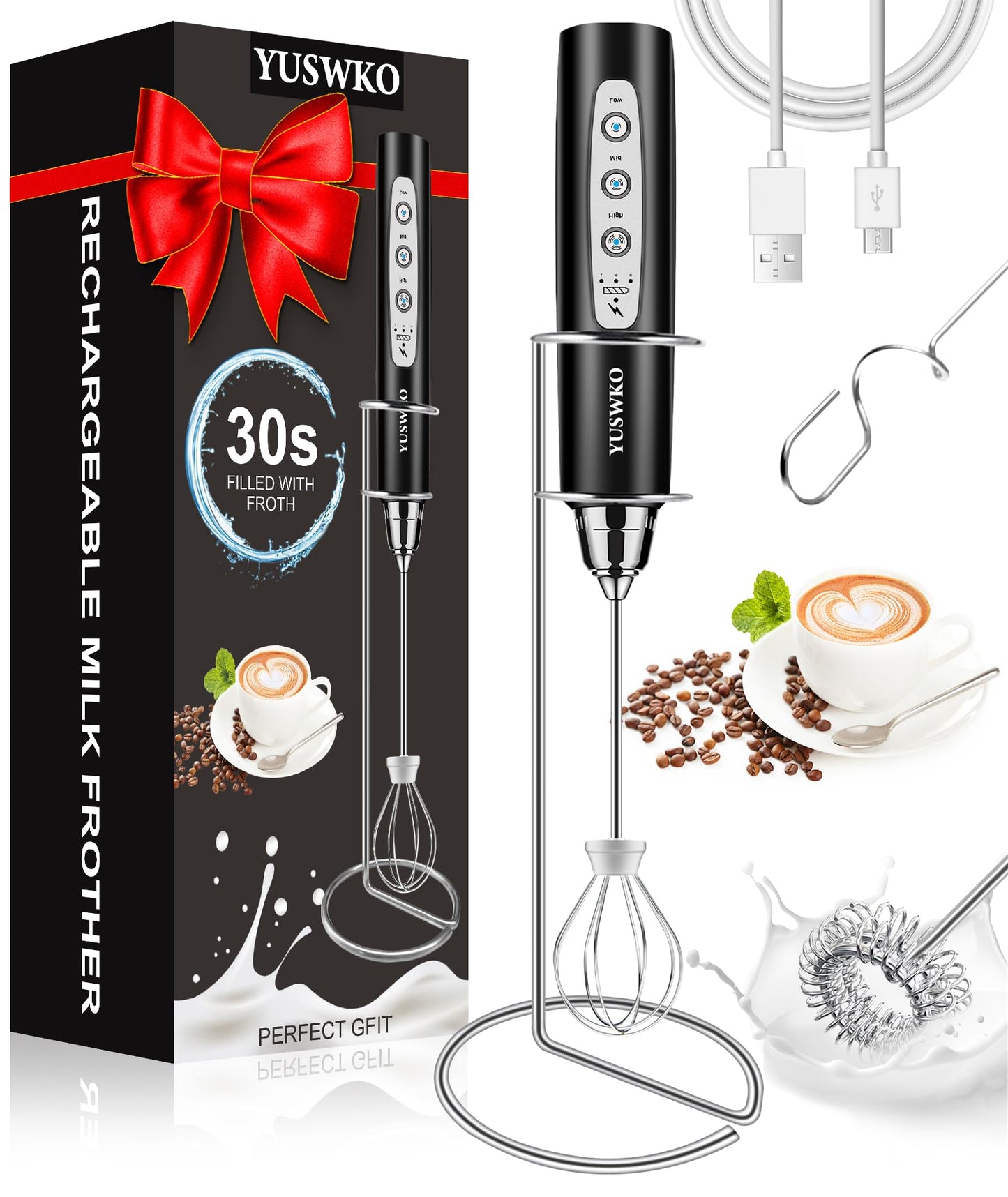 YUSWKO Black Handheld Milk Frother Wand for Coffee, Rechargeable Electric Whisk with 3 Heads 3 Speeds Drink Mixer Coffee Frother For Latte, Cappuccino, Hot Chocolate, Egg