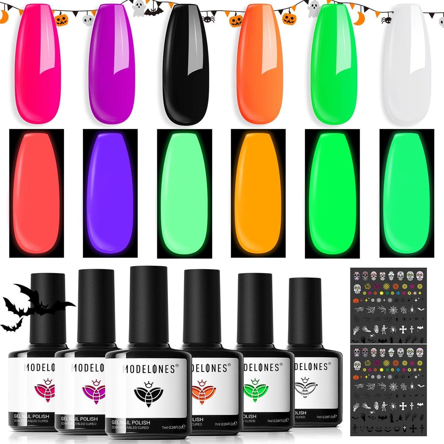 modelones Halloween Gel Nail Polish Set, 6 Colors Glow in the Dark Neon Orange Green Purple Pink White Black Gel Polish Set Fall Soak Off LED Nail Art Kit Gift with Nail Stikers