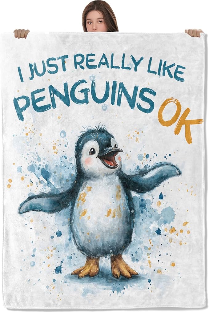 Cute Penguin Lightweight Throw Blanket, Watercolor Cartoon Animal with Splash Ink, Warm Soft Cozy Flannel Blankets, Couch Dorm Home Decor All Season Use, 60x50in, White, Gifts for Kids Girls