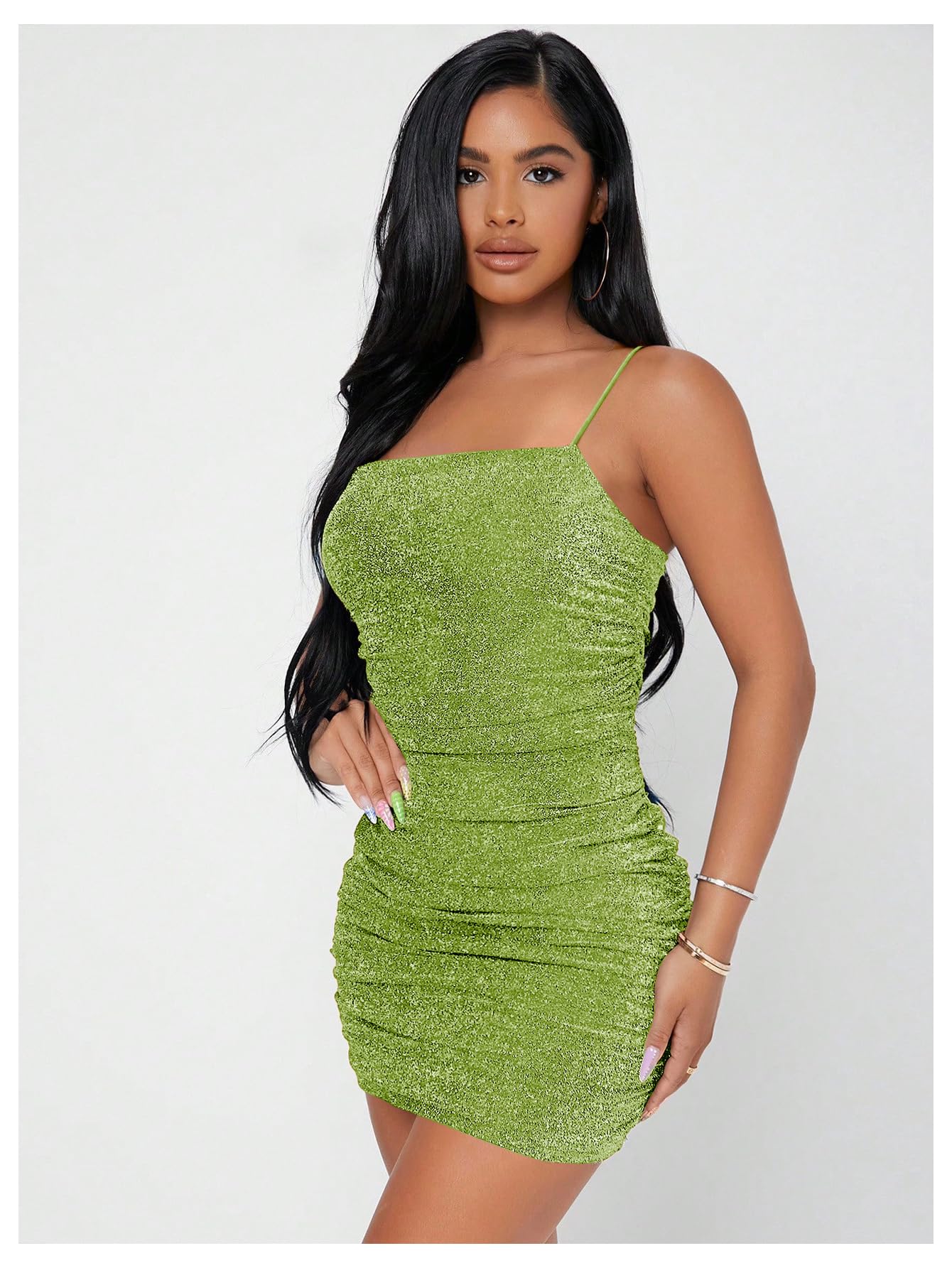 Floerns Women's Glitter Sleeveless Ruched Party Clubwear Bodycon Mini Dress Light Green Small