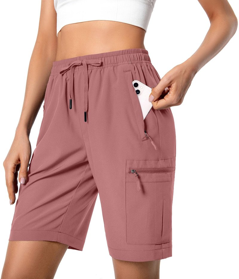 Hugut Women's Lightweight Hiking Cargo Shorts Quick Dry Athletic Shorts Camping Travel Golf Zipper Pockets Water Resistant Dusty Pink